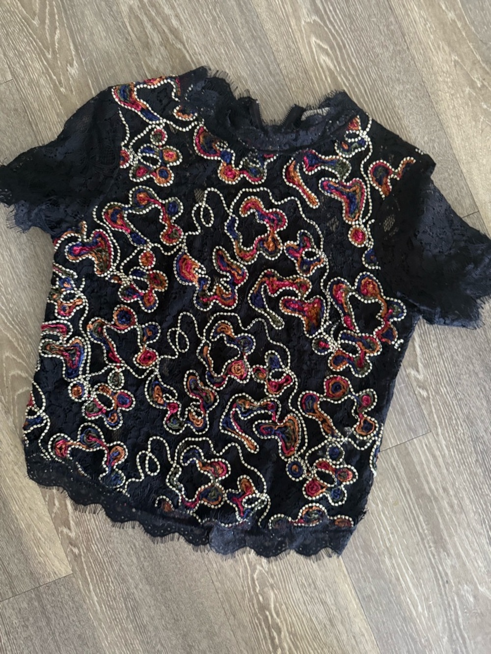 Zara Black Lace Top with Multicolor Beaded Swirls